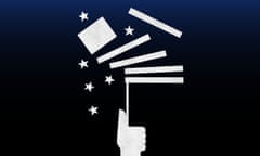 A single color illustration of a hand holding a flag pole connected to a deconstructed US flag with stripes and stars fall off to the sides.