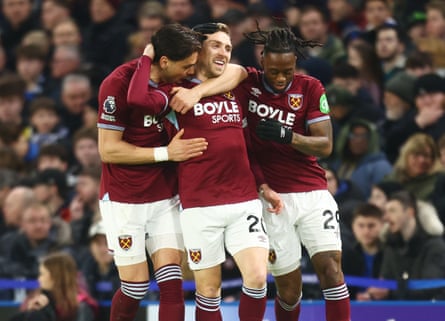 Jarrod Bowen (centre) celebrates a goal.