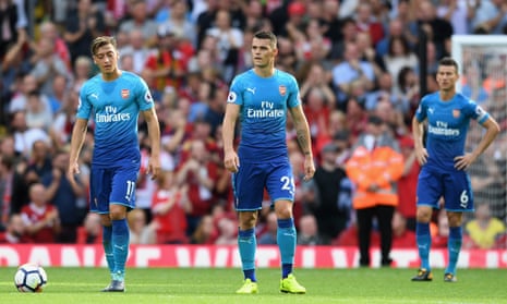 Mesut Özil, Granit Xhaka and Laurent Koscielny after Arsenal fell 4-0 down at Anfield – the latest in a series of horror shows in recent seasons.