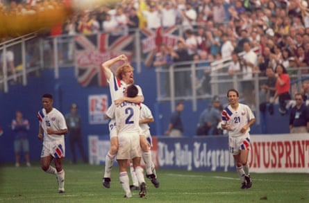 Alexi Lalas celebrates after scoring during USA’s 2-0 victory over England in June 1993.