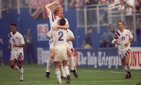 Alexi Lalas celebrates his goal in the US victory over England in 1993