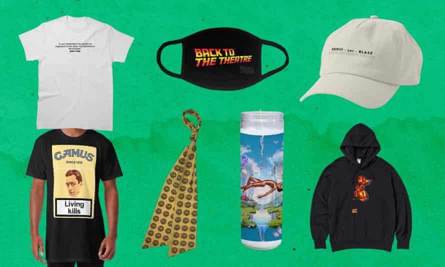 John Cage T-shirt, Back to the Theater face mask, French Dispatch hat, Jeff Koons hoodie, Lil Nas X prayer candle, Maåneskin tie, Camus shirt.