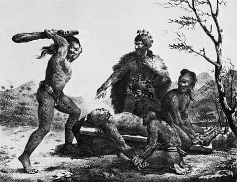 This lithograph from 1819 by Jacques Arago shows human sacrifice under the direction of a Hawaiian priest.
