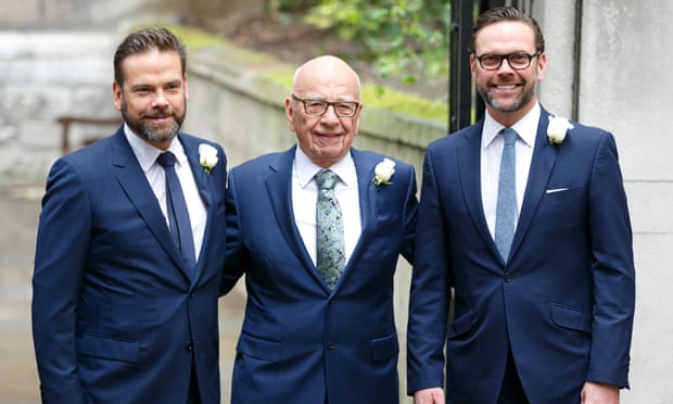 Lachlan, Rupert and James Murdoch at Rupert’s wedding to Jerry Hall in London last year.