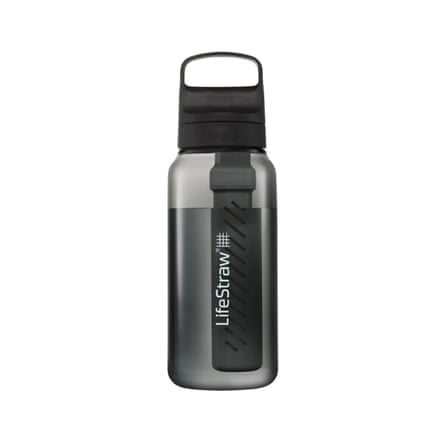 A grey LifeStraw water bottle with a built-in filter and black carry handle lid