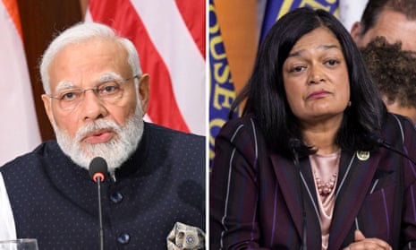 Left: Narendra Modi, India’s prime minister. Right: Pramila Jayapal, who circulated a letter urging Biden to acknowledge the erosion of human rights and democracy in India.