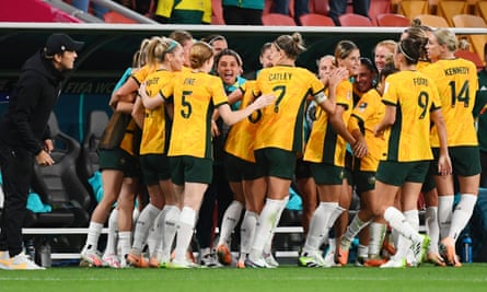 The Australian bench celebrates after Van Egmond’s opening goal.