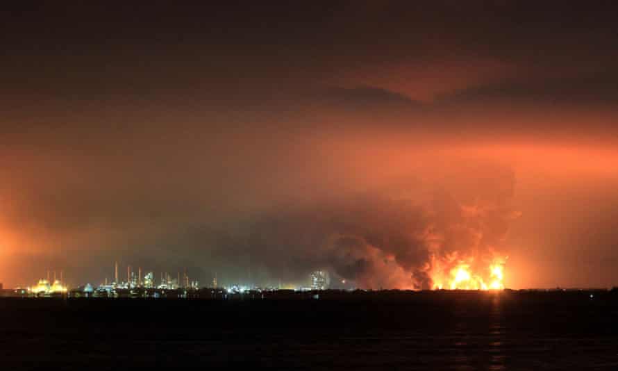 Smoke rises during the fire at Pertamina’s oil refinery in Balongan