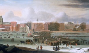 A painting of a fair, one of several built on the frozen Thames during severe winters, in 1684.