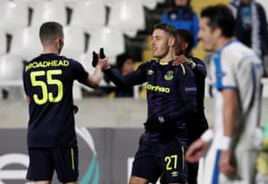 Everton’s Nikola Vlasic celebrates scoring with Nathan Broadhead.