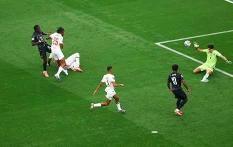 Bounou outstretched leg denies Canada's Tani Oluwaseyi