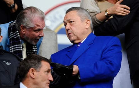 David Gold (left) and David Sullivan standing at their seats in a stadium