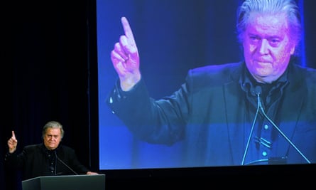 Bannon gestures at a news conference in New York
