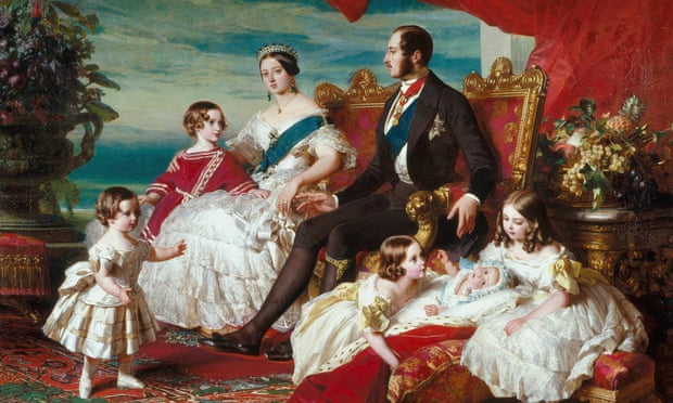 Queen Victoria pictured with Prince Albert and several of their children the painting, The Royal Family in 1846, by Franz Winterhalter, which hangs in the East Gallery of Buckingham Palace.