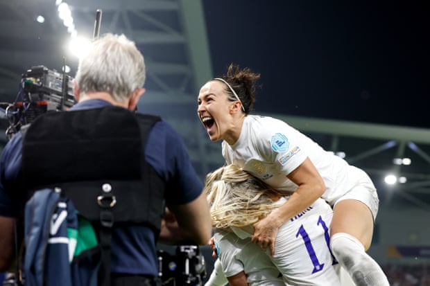 Georgia Stanway of England celebrates with team-mates Lauren Hemp and Lucy Bronze after scoring their team’s second goal.