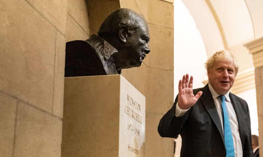 Churchill bust and Boris Johnson
