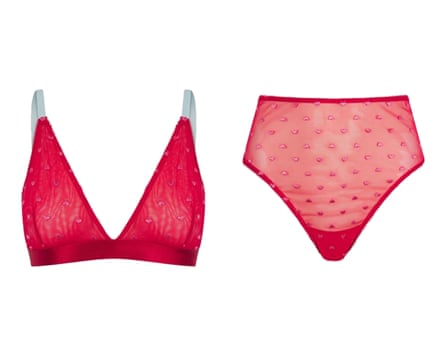Lemonade Dolls So Soft Mesh Heart Embroidery Bralette – Red and So Soft Mesh Heart Embroidery High Waisted Brief in Red.
