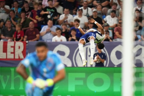 England’s Omari Hutchinson celebrates with a backflip after scoring his side’s second goal during the European U-21 Championship final against Germany.