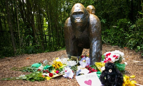 Flowers around a bronze statue of a gorilla and her baby at Cincinnati zoo in memory of Harambe.