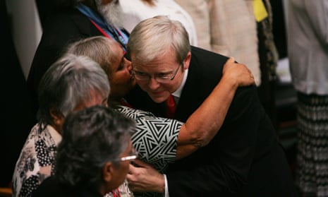 Kevin Rudd hugs Indigenous guests after his apology to members of the stolen generations at Parliament House in Canberra on 13 February 2008. 
