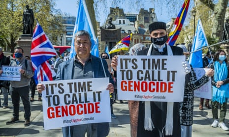 A protest outside the UK parliament in support of Uyghur Muslims