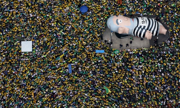 An inflatable doll known as “Pixuleco” of Brazil’s former President Luiz Inacio Lula da Silva is seen during a protest against Rousseff, part of nationwide protests calling for her impeachment.