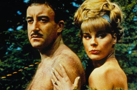 Peter Sellers and Elke Sommer stand bare-shouldered outdoors in A Shot in the Dark