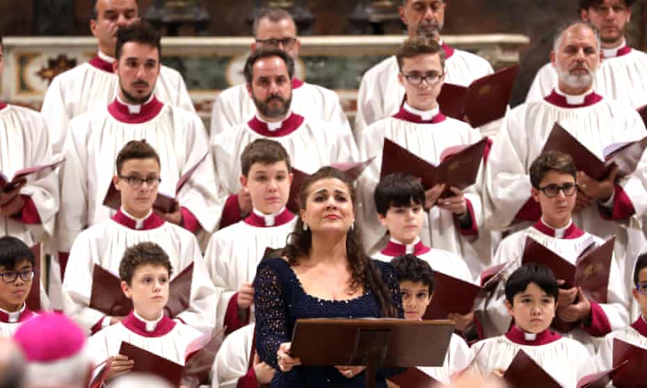 Mezzo-soprano Cecilia Bartoli joins the male choir at the Sistine Chapel on Friday. 