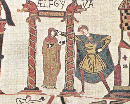 Bayeux tapestry scene of a cleric touching Aelfgyva’s face between two decorated pillars