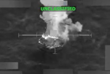 Screengrab from a video posted by Pete Hegseth shows what the US defence secretary says is a strike on a vessel carrying narcotics in the Pacific on 9 November 2025.