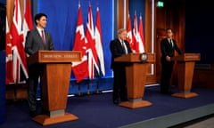 Canadian prime minster Justin Trudeau, British prime minister Boris Johnson and Dutch prime minister Mark Rutte attend a press conference in London.