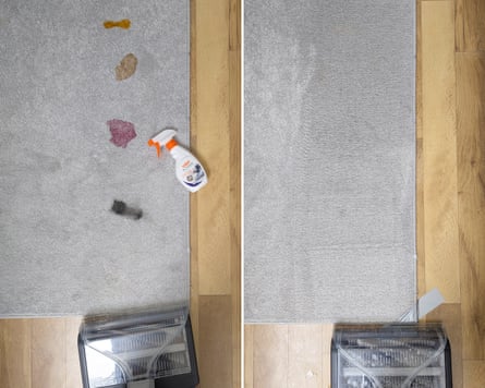 Before and after cleaning stains on a short pile rug with the Vax Platinum SmartWash XL Advanced.