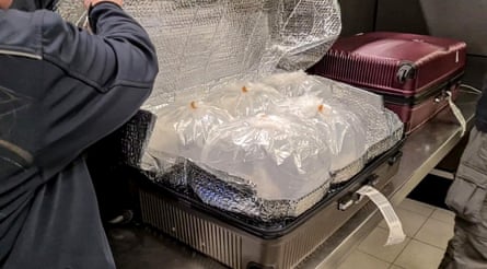 Someone lifts the lid of a suitcase that is packed with five plastic bags full of water and eels and wrapped in insulating foil.