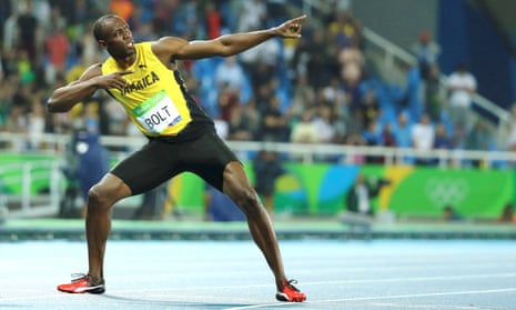 Usain Bolt celebrates his gold in the 200m at the Rio Olympics