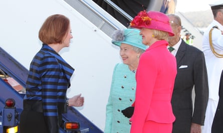 Governor general Quentin Bryce (right) introduces prime minister Julia Gillard (left) to Queen Elizabeth II on her arrival in Canberra on 19 October 2011.