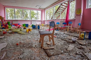 Lyptsi, Ukraine: a damaged nursery in the recently recaptured village near the border with Russia