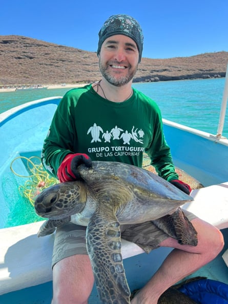 A man on a boat holds a green turtle across his knees