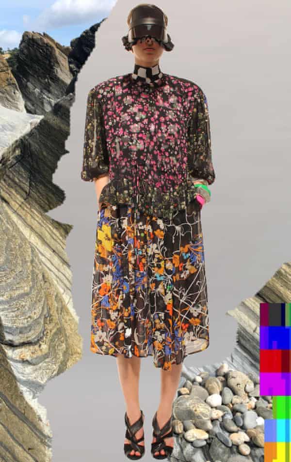 A dress made of mixed leftover fabrics designed by Justin Thornton and Thea Bregazzi for Preen by Thornton Bregazzi, presented at London fashion week.
