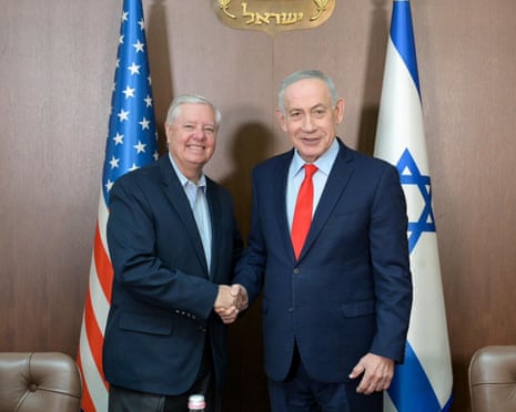 Lindsey Graham with Benjamin Netanyahu in Jerusalem on 16 February.