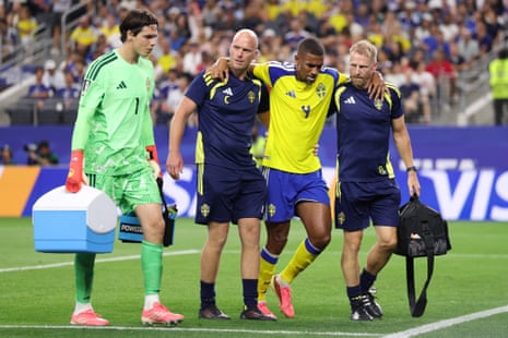 Isak Hien is in some discomfort as he comes off.