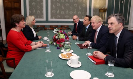 Northern Ireland’s first minister Arlene Foster and deputy first minister Michelle O’Neill, Ireland’s foreign minister Simon Coveney, Ireland’s taoiseach Leo Varadkar, Britain’s prime minister Boris Johnson and Britain’s Northern Ireland secretary Julian Smith