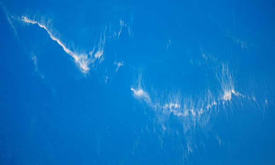 An aerial photo shows oil spills are seen in the water where the search operation for the Navy submarine KRI Nanggala that went missing