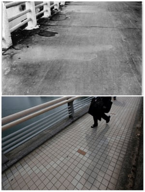 The etched shadow of a passerby that was imprinted on the road surface of Yorozuyo Bridge, due to the heat of the atomic bombing of Hiroshima. This location was 860 meters (2,822 ft) from the centre of the blast; the unshielded asphalt surface was scorched, while the areas that were shielded are a lighter colour