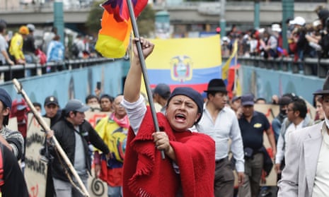 Indigenous anti-government demonstrators chant slogans against President Lenin Moreno and his economic policies during a nationwide strike, in Quito, Ecuador, Wednesday, Oct. 9, 2019. Ecuador’s military has warned people who plan to participate in a national strike over fuel price hikes to avoid acts of violence. The military says it will enforce the law during the planned strike Wednesday, following days of unrest that led President Lenín Moreno to move government operations from Quito to the port of Guayaquil. (AP Photo/Carlos Noriega )