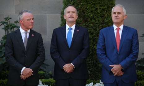 (L-R): Brendan Nelson, Malcolm Turnbull and Bill Shorten at a last post ceremony at the Australian War Memorial