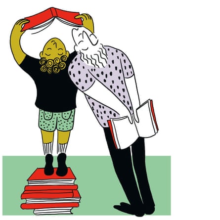 Illustration of a child holding an open book over their head reading while standing on a stack of books with an adult leaning in to read too.