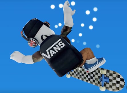 A game character on a black-and-white check skateboard with a Vans-branded rucksack