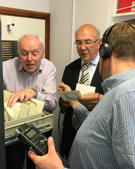 Carl Murray and Garry Hunt being recorded as they look through the Voyager image archive at Queen Mary University of London.