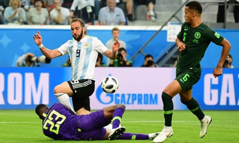 Gonzalo Higuaín has a shot saved during the World Cup win over Nigeria – his final appearance for Argentina.