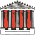 A classical building facade with fascistic red tie banners hanging between the columns